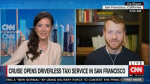 Julia Chatterley Instagram - If you’re out late in San Francisco…

A self-driving taxi can get you home!

@kvogt Co-Founder & Interim CEO @cruise joins me to discuss the launch of their all-electric robotaxi service. 

We talk cost, safety, hours of operation, where he sees the future of autonomous cars going, and which big players are investing! 🚕✨

#robotaxi #Cruise #SanFrancisco #California #electric #ev #uber #generalmotors #cars #driving #taxi #poppytheav #selfdriving #auto #driverless #driverlesscars #sanfran
