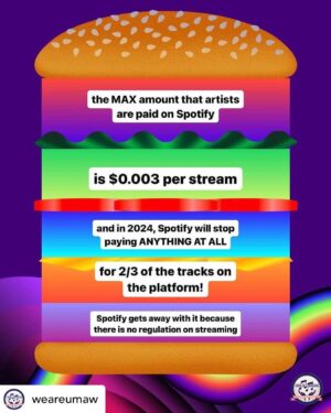 Julia Holter Instagram - @weareumaw has been doing some serious work on this streaming issue. Join us 🌈 Repost • @weareumaw One stat you won’t find in your Spotify Wrapped is how much artists are paid for all that listening on the platform. The max possible in 2023 is $0.003 per stream. And in 2024, Spotify will stop paying anything AT ALL for 2/3 of the tracks on the platform. 

Spotify gets away with this fuzzy math because there is no regulation over streaming. UMAW is working to change that, and we have big plans for 2024. Join us!
