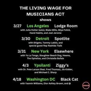 Julia Holter Instagram - The Living Wage for Musicians Act is a big deal and would finally allow all performers, featured and non-featured, on recordings to be compensated fairly for streaming. Honored to join @blakemills @miyafolick @hand.habits and @joeljeromemusic at @lodgeroom in LA tonight to celebrate this act and spread awareness of it with @weareumaw who has put in so much work w @reprashida to make this bill happen 

I will be joined singing tonight with a SPECIAL SURPRISE GUEST 🪷

First few people to repost can each get a free ticket tonight 🌞 message me w your name 

Link to tickets in bio
