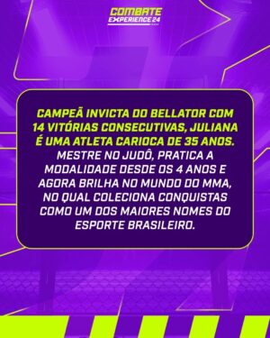 Juliana Velasquez Instagram - Contando os minutos pra aprender as técnicas do judô com essa GIGANTE!

*Contém texto alternativo 

Descrição para acessibilidade: arte-gráfica com a foto de Juliana Velasquez com a legenda informativa "Sua chance de treinar com Juliana Velasquez; Campeão invicta do Bellator com 14 vitória consecutivas, Juliana é uma atleta carioca de 35 anos. Mestre no Judô, pratica a modalidade desde os 4 anos e agora brilha no mundo do MMA, onde coleciona conquistas como um dos maiores nomes do esporte brasileiro."

#Combate #CombateExperience #MMA #JulianaVelasquez