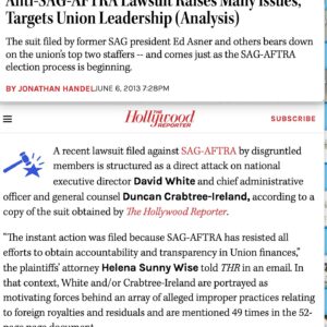 Juliet Landau Instagram - Hollywood Reporter article 2013: Former SAG President Ed Asner filed a lawsuit targeting 2 top SAG Staffers including Duncan Crabtree-Ireland. 

"A recent lawsuit filed against SAG-AFTRA by disgruntled members is structured as a direct attack on national executive director David White and chief administrative officer and general counsel Duncan Crabtree-Ireland, according to a copy of the suit obtained by The Hollywood Reporter.” 

"The instant action was filed because SAG-AFTRA has resisted all efforts to obtain accountability and transparency in Union finances,” the plaintiffs’ attorney Helena Sunny Wise told THR in an email. In that context, White and/or Crabtree-Ireland are portrayed as motivating forces behind an array of alleged improper practices relating to foreign royalties and residuals and are mentioned 49 times in the 52-page page document.” 

"The thrust of the complaint is that the union has operated its foreign royalties program incompetently and in a manner designed to improperly funnel money into the union’s general fund."

Another claim in the case is similar to the language in this 2023 draft. Claim: "Failure to Locate People who are Allegedly Easy to Locate. The complaint asserts that SAG-AFTRA retains residuals owed to people who are easy to locate: “SAG (sic) leadership, including CRABTREE-IRELAND has sought to justify the burgeoning retention of Residuals on the premise that SAG cannot locate the heirs or estates of such well known entertainment and/or political icons as Frank Sinatra, John F. Kennedy, Larry Hagman or Sonny Bono, while lacking the ability to send checks owing to the parents of television personality Anderson Cooper, including his mother, Gloria Vanderbilt, or his now deceased father, Wyatt Cooper, let alone Ed Asner’s son, Matthew Asner who is now the Southern California Executive Director of Autism Speaks.”
Read the full article: 
https://www.hollywoodreporter.com/business/business-news/anti-sag-aftra-lawsuit-raises-564256/