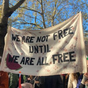 Juliette Motamed Instagram - what we grow numb to is the violence we accept for our future. It is a lie that we as a people are not powerful. a lie that keeps us in stasis. Keep speaking out, protesting, acting. a pause doesn’t mean that WE stop. 

Free Palestine, Free Congo, Free Sudan, Free Tigray, Free West Papua, Free Kurdistan, Free Iran. Freedom to the people against their oppressors. Always and forever. Until it’s backwards. 

🇵🇸