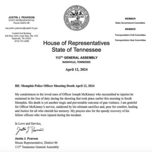 Justin J. Pearson Instagram - This morning we learned about the devastating loss of MPD officer Joseph McKinney and the injuries of two of his fellow officers. We must do something to get guns off of our streets to protect our law enforcement officers and our communities. My heart and prayers are with Officer Joseph McKinney‘s family and loved ones.