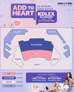 KD Estrada Instagram - Sweethearts and Solids, the long wait is OVER!

Mark your calendars, as the most-awaited concert, “Add To Heart: KDLex in Concert” featuring the Hottest Musical pair in Philippine Entertainment-KD Estrada and Alexa Ilacad — this May 31, 2024, 8PM at the Music Museum.

Tickets available starting April 30, Tuesday at 12NN.

For tickets contact:

JONAH MAE
09561735344
VIP/PLATINUM TICKETS

NINA YLGAN
09155916806
GOLD/SILVER TICKETS

Visit Star Magic social media accounts for updates!
#KDLexAddToHeart #KDLEX #KDEstrada #AlexaIlacad