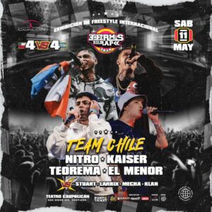 Kaiser Instagram - #ULTIMAS ENTRADAS EN @puntoticket * :
#Exhibición de #Freestyle Team 🇨🇱 Chile VS Team 🇦🇷 Argentina 4 V/S 4

Chile representada por : 
/ @nitromc_desafio / @kaiseroficial /  @teorema.fts / @elmenorroficial._free24.7
V/S
Argentina representada por :
@larrix_lucas / @mecha.maturin / @stuartinfk / @klan

#Host : @cayudem

1_ @chystemc_deks & @dj_transe
2_ @movimientooriginal
3_ @florderap
4_ @jonassanche & @antioch 
5_ @mamborap_oficial 
6_ @cevlade_oficial 
7_ @granrah & @planborderline
8_ @alymayely 
9_  #CHR @cheterioways2.0 @djaudas1 @mic.aberracion
10_ @adicktasinfonia
11_ @isuenabien_bf 
12_ @mikaelacl 
13_ @22ruzz
14_ @semillahskillz
15_ @teorema.fts

16_ @rapperschool_oficial Primer Invitado Internacional

* Maestro de Ceremonia : @creabeatboxoficial *

@antiochd @dibujomcofficial @arb_texastudio @janoa_45 @dj_wuterone @djaudas1 @madciano @doze.ermitano @solounextracto @monoed_mamborap
@djseeall @kijoteisuenabien @metodiko_isuenabien @jesteinritmos @jotakao_veintemil @astronautiko @aka.vicho @dj_transe @mel.dj_ @aerstame @stailok @dj_acres @rfporke
@yaseef._ @akreutcandonga
@elnorick @warrior_rapperschool @djdeportadors

* Estás Preparado para @enfermosdelrap 2024 💣 ?

- SABADO 11 MAYO - APTO PARA TODA EDAD !

- Ultimas Entradas Disponibles en @puntoticket *
- Link de venta en Nuestra Biografia.
- No Pierdas Tiempo y Asegura Tu Entrada #CANCHA y #GALERIA en @puntoticket !
- Quedan Pocas Entradas Físicas en Tiendas @dakingchile 🙌

Gráficas : flyerart.cl