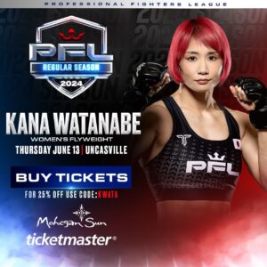 Kana Watanabe Instagram - Hey, guys!
I'm a Japanese fighter🇯🇵
I will be back in the cage at @pflmma on  June 13.
The ticket link is in my bio.
Promo code ：KWATA
See you at Mohegan Sun!
Thank you🙏
#PFL
#mma
#kanawatanabe