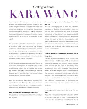 Kara Wang Instagram - Baby’s first cover!!! Could not be more honored to be the March cover for @gr8tmagazine ♥️ special thanks to Anthony at @kmgstudio for giving me the space to talk about my work, notably @thecalmbeyond which will be dropping VOD in North America on March 29th. 

Link in bio. 

Photographer: @higgsy_photography 
MUA: @annyk.makeup 
Hair: @ayanojhair 
Styling: @mrfabioimmediato 
Publicist: @charlene / @slatepr 
Words: @hwinnieful 
EIC: Anthony Vu Cao