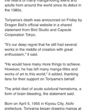 Karama Horne Instagram - Akira Toriyama 1968-2024

End of an era. Apparently on March 1 Dragonball creator Akira Toriyama passed away of an acute subdural hematoma. He was in the middle of several projects. Toriyama will go down in history as the creator of one of the biggest selling manga of all time. Which launched one of the most popular anime series in the world. He in influenced an entire generation. If your favorite geek is a little more sad than usual today….this is why. 

#dragonball #akiratoriyama #goku #vegeta #manga #anime #nerd #blerd #theblerdgurl