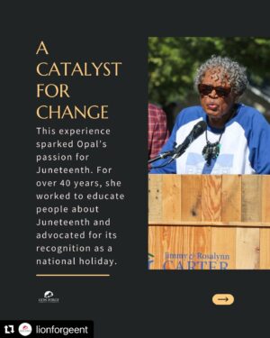 Karama Horne Instagram - Don’t forget that #Juneteenth is about celebrating our achievements, perseverance and the tireless work of activists like Ms. Opal Lee #HappyFreedomDay #opallee #lionforgeent #theblerdgurl