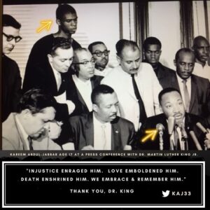 Kareem Abdul-Jabbar Instagram - Celebrating MLK Day with a flashback photo in history. I was only 17 years old when this picture was taken. I was at a press conference where Dr. King was speaking. This photo represents inspiration to me to begin my writing career.