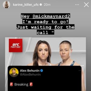 Karine Silva Instagram - 12th ranked @karine_killer_ufc willing to step in on short notice to face @rosenamajunas on July 13th after Maycee Barber had to withdraw!