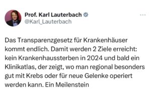 Karl Lauterbach Instagram - Das #Transparenzgesetz für Krankenhäuser kommt endlich. Damit werden 2 Ziele erreicht: kein Krankenhaussterben in 2024 und bald ein Klinikatlas, der zeigt, wo man regional besonders gut mit Krebs oder für neue Gelenke operiert werden kann. Ein Meilenstein 

https://www.spiegel.de/politik/deutschland/vermittlungsausschuss-macht-weg-frei-fuer-transparenzgesetz-bei-kliniken-a-e16ad678-9238-4172-9a61-315c647cdbfb