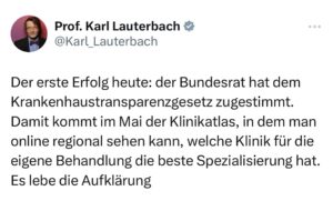 Karl Lauterbach Instagram - Der erste Erfolg heute: der #Bundesrat hat dem #Krankenhaustransparenzgesetz zugestimmt. Damit kommt im Mai der #Klinikatlas, in dem man online regional sehen kann, welche Klinik für die eigene Behandlung die beste Spezialisierung hat. Es lebe die Aufklärung

https://www.transparency.de/aktuelles/detail/article/krankenhaustransparenzgesetz