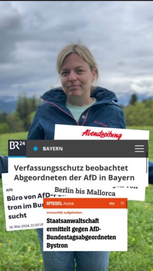 Katharina Schulze Instagram - Wer seine Heimat liebt, verrät sie nicht!
Die Meldungen zur AfD häufen sich: Mitglieder paktieren mit Russland und China, gegen einige Abgeordnete laufen Untersuchungen. Bei der AfD in Bayern schauen die Sicherheitsbehörden besonders genau hin – zu Recht. 

Der bayerische Europakandidat Petr Bystron steht zum Beispiel im Verdacht, von einer mutmaßlichen Propaganda-Plattform Russlands Geld angenommen zu haben. Der Bundestag hat daraufhin seine Immunität als Abgeordneter aufgehoben. Ein AfD-Mitglied des bayerischen Landtags wird vom Verfassungsschutz beobachtet, denn es gibt Anhaltspunkte, dass diese Person ihr Mandat zum Kampf gegen die freiheitliche demokratische Grundordnung missbraucht.

Die Umtriebe der AfD sind eine große Gefahr für unsere Demokratie. Sie erinnern an dunkle Zeiten in unserer Geschichte – aber noch können wir handeln. Noch können wir die Rechtsextremem stoppen: Mach ihnen am 9. Juni ein Kreuz durch die Rechnung und stärke Europa und unsere Demokratie gegen die, die sie zerstören wollen.

Wähl GRÜN – und lass uns heute schon ein 💚 in den Kommentaren!

#Europa #RechtsrutschStoppen #Machenwaszählt #EU #Verfassungsschutz #Bayern #Demokratie #TeamBayern #MitDir