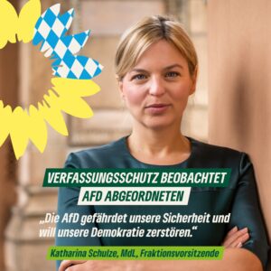 Katharina Schulze Instagram - ❗️Eine exklusive Anfrage von uns Grünen an das Innenministerium enthüllt jetzt, was bisher öffentlich nicht bekannt war: AfD-Abgeordneter Franz Schmid wird vom Verfassungsschutz beobachtet. Das gab es vorher noch nie in Bayern!
 
💬 @kathaschulze: „Die AfD ist eine Gefahr für unser Land und eine Gefahr für unsere Demokratie. Es gilt jetzt die Prüfung eines AfD-Verbots voranzutreiben.“

👉 Link zum @br24 Artikel in der Bio.
 
#Gruene #GrueneFraktionBY #Bayern #afd #verfassungsschutz