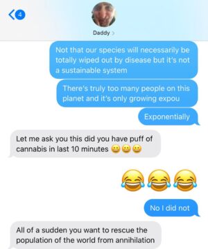 Kathreen Khavari Instagram - Sent my dad the chart of human population growth over time and how it feels like everything around us is falling apart (pandemics, wealth hoarding, environmental destruction, corporate greed, etc etc) and this was his response.
