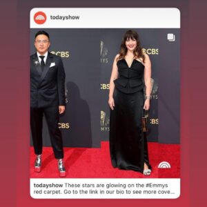 Kathryn Burns Instagram - Getty image or it didn’t happen.  Oh, and if the internet calls you a “star” then it must be true, because it never lies…the internet that is. #emmys #televisionacademy 

Stylist @stylismms 
Dress @martinpgrant corset paired with a custom silk skirt 
Hair/Makeup @lambpants 
Jewelry @xivkarats thanks to @hlb323 
Nails @jennpaintt 
Shoes @alexanderwangny 
Bag is a vintage find from decades ago 
Photo @richfury