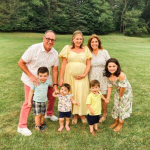 Katie Carpenter Instagram - The grandparents   the grandchildren (and me, lol!!) 🥰

I love that first photo. Spending time surrounded by my giggling, playing and screaming nieces and nephews made me so excited for what’s to come. 

My mother-in-law and sisters-in-law did an amazing job planning our “Parents to Bee” shower up in Olean, NY. 🐝 Loved the personal touch of the childhood photos of Kevin and I! It was also a family reunion so we got to see a ton of family and Kevin’s parents’ friends (who are basically family!)

We parked the RV on Kevin’s grandpa’s lot overlooking the tiny city, which is one of the best views you can get. 

One of my favorite memories was when we told my 3 year-old nephew, Bear, that I was going to have a baby. He said “I don’t know where your baby is.” I said, “it’s right here, in my tummy. See how round it is?” And he said, “no you’re just full.” Kids!!! 😆

We’re feeling very blessed to be showered by both of our families as we prep for our journey into parenthood. 🤗

#babyshowerinspo #babyshowerlook #pinkblushmaternity #babyshower #babyshowerdecor #babybump #parentstobee #olean #coedshower