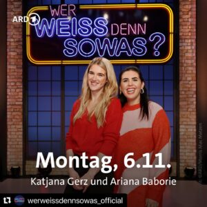 Katjana Gerz Instagram - Ich war davor überhaupt nicht aufgeregt!💕 es war mir ein Fest mit dabei sein zu dürfen, und tausend dank an diese bezaubernden Menschen @ariana_baborie @bernhardhoecker @elton_tv und @kaipflaume 
@werweissdennsowas_official @ardmediathek 📸