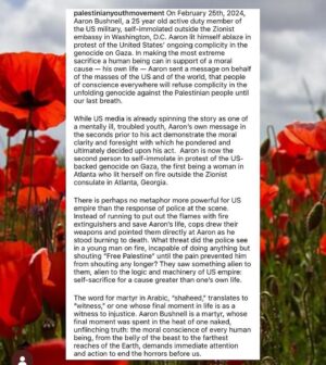 Kausar Mohammed Instagram - RIP Aaron Bushnell and all those who have sacrificed themselves for our collective liberation. #freepalestine 

CW on posts: suicide 

Posts from:
@palestinianyouthmovement 
@latinomuslimunity 
@michellekimkim 
@erocsoulbear