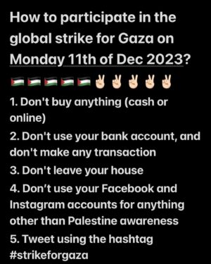 Kausar Mohammed Instagram - Tomorrow Dec 11 2023. Global strike for Gaza. #strikeforgaza . With the recent US veto of the UN resolution to call for a permanent ceasefire, we gotta show up in solidarity AROUND THE WORLD to demand this ceasefire right right now. 

Reposts from @wizard_bisan1 @palestinelobby 

#freepalestine #strikeforgaza