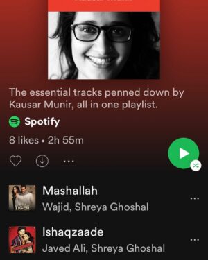 Kausar Munir Instagram - Lyricists on the list! 💖  Thank you @spotifyindia
Link in bio.  I recommend #Nachda from #Phantom. Its my personal favourite, got to say real things thanks to @kabirkhankk 🙏🏼
