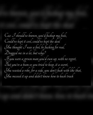 Kayshia Fils-Aimé Instagram - Cuz I should've known, you'd fuckup my feels,
Could've kept it cool, could've kept the deal
You thought I was a fool, be fucking for real,
Dragged me in a lie, but why?
If you were a grown man you'd own up, with no regret,
But you're a bum so you tried to keep, it a secret,
You wasted a vibe, for a side, you don't fuck with like that,
You messed it up and didn't know how to back track