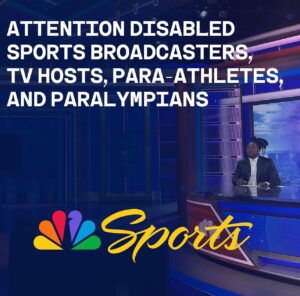 Keely Cat Wells Instagram - Today is the day!!

We are continuing to be Making Space with NBC!

We are equipping Disabled broadcasters, Reporters, Play by Plays, Analysts, Para Athletes and Paralympians, with the skills needed to excel in the dynamic role of a Sports TV Host.

Those that complete the course will be visible and in the pipeline for NBC Sports.

This course is taught by the brilliant Sophie Morgan who is best known for fronting the Paralympics for Channel 4.

Check out the links in my bio and over on the @_making_space__ page to learn more about the incredible opportunity to become a future TV broadcast host with NBC Sports!

Massive thank you to Alexa Pritting, Amy Rosenfeld, Rebecca Chatman, Lori Samuels & the entire NBC Sports team for your dedication to creating a more accessible & inclusive future of work, broadcast & sport!

#DisabilityRights #MakingSpace #Sport #RepresentationMatters 

Image Description: Shaquem Griffen sits behind a news desk with words overlaying saying, “ATTENTION DISABLED SPORTS BRAODCASTERS, TV HOSTS, PARA-ATHLETES, AND PARALYMPIANS.