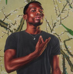 Kehinde Wiley Instagram - My latest exhibition, Colorful Realm, opens Saturday, January 21 at Roberts Projects (@robertsprojects) in LA.

This body of work echoes the traditional techniques and materials found in Japanese nature paintings of the Edo period (c. 1600–1868). So much of my work is about appearance, showing up and being visible and this dance between exploring the vastness of space within the minimality of this technique I find to be an interesting juxtaposition. Pictured here, Portrait of John Adewumi
2023 Oil on linen 96 x 72 inches #kehindewiley