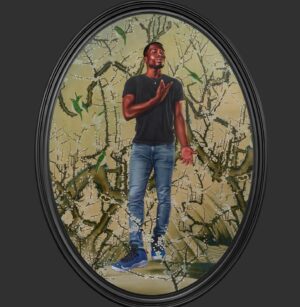 Kehinde Wiley Instagram - My latest exhibition, Colorful Realm, opens Saturday, January 21 at Roberts Projects (@robertsprojects) in LA.

This body of work echoes the traditional techniques and materials found in Japanese nature paintings of the Edo period (c. 1600–1868). So much of my work is about appearance, showing up and being visible and this dance between exploring the vastness of space within the minimality of this technique I find to be an interesting juxtaposition. Pictured here, Portrait of John Adewumi
2023 Oil on linen 96 x 72 inches #kehindewiley