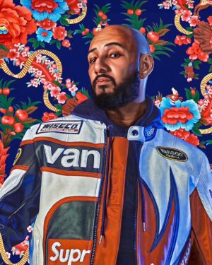 Kehinde Wiley Instagram - Portrait of (Kasseem Daoud Dean)
2024
Oil on linen
96 x 72 inches.  GIANTS now on view at the Brooklyn Museum…….Expansive in their collecting habits, the Deans, both born and raised in New York, champion a philosophy of “artists supporting artists.” The first major exhibition of the Dean Collection, Giants showcases a focused selection from the couple’s world-class holdings. The Brooklyn Museum’s presentation spotlights works by Black diasporic artists, part of our ongoing efforts to expand the art-historical narrative. #brooklynmuseum @brooklynmuseum @thedeancollection @therealswizzz