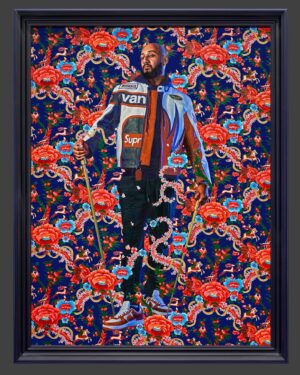 Kehinde Wiley Instagram - Portrait of (Kasseem Daoud Dean)
2024
Oil on linen
96 x 72 inches.  GIANTS now on view at the Brooklyn Museum…….Expansive in their collecting habits, the Deans, both born and raised in New York, champion a philosophy of “artists supporting artists.” The first major exhibition of the Dean Collection, Giants showcases a focused selection from the couple’s world-class holdings. The Brooklyn Museum’s presentation spotlights works by Black diasporic artists, part of our ongoing efforts to expand the art-historical narrative. #brooklynmuseum @brooklynmuseum @thedeancollection @therealswizzz
