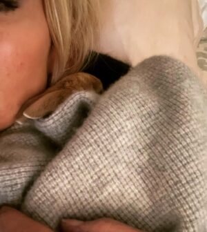 Kelly Carlson Instagram - Have you ever heard a rabbit purr? I’m learning all the time. Our little guy Hooligan is nursing an injury. Superficial injury. He will be fine but he’s loving his cashmere swaddle under my chin. He’s tired. Normally he’s the 1st on scene and bravest of the babies and very active. Cuddle and frequent hydration tonight.