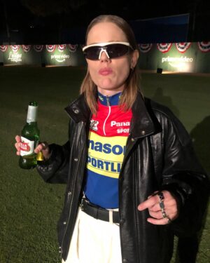 Kelly McCormack Instagram - TOUR DE FEMMES❤️‍🔥

Repping the women who just raced the first Tour de France Femme styled by @kattypaldos in @lemaire_official and a vintage cycling jersey courtesy of @teamdreamteam for the @leagueonprime premiere. ALL HAIL women in sports and @letourfemmes winner @annemiekvanvleuten 🤙🏻

Styling: @kattypaldos 
Styling assist: @molly.novak
Tailoring: @elenafloresdesign 
Jewelry: @j.hannah 
Glasses: @districtvision 
MU: @theycallmeamyh 
Hair: @troyzestos