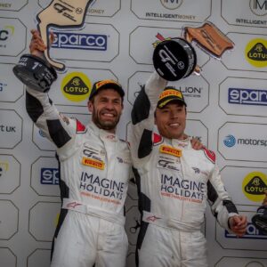 Kelvin Fletcher Instagram - WE WON! 

From P14 on the grid, what a mega job we did. 

The car was faultless, the team were relentless and to share this moment with this man was priceless ❤️

You’re right @plowey 
“It’s all about the journey” 
🏆🙌🏻🙏🏻❤️

#GT3 #BritishGT #McLaren #Teammates