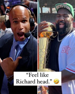 Kendrick Perkins Instagram - @richardajefferson caught a stray during @kendrickperkins’ time with the Larry O’Brien trophy 😅