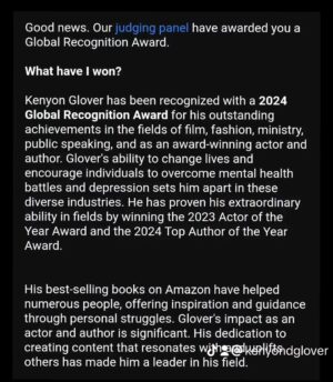 Kenyon Glover Instagram - WOW. When I tell you that when God Favors you, He truly favors you. I will always give Him the glory. Because it is Him that does the work in me and thru me. I'm simply a vessel for Christ. Thank you my Lord Jesus for this beautiful honor. And thank you @theglobalrecognitionawards for awarding me with this great and prestigious award. 

#GodsSoldier #GlobalRecognitionAwardWinner #Awardwinner #KenyonGlover #ManofGod #Soldier4Christ #worldchanger