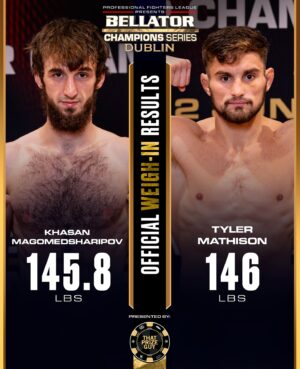Khasan Magomedsharipov Instagram - #BellatorDublin Official Weigh In Result ⚖️ 

Khasan Magomedsharipov - 145.8lbs ✅ 
Tyler Mathison - 146lbs ✅ 

Presented by @ThatPrizeGuy 🤝

#BellatorDublin | TOMORROW
Live on MAX | 12P ET