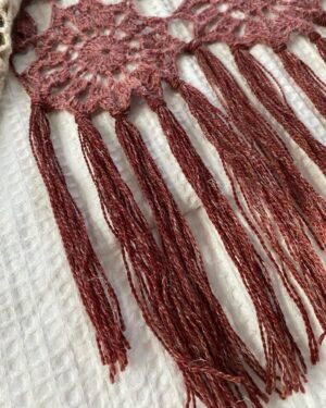 Kirsten Nelson Instagram - It is finished - with fringe!! My interpretation of the #purlsoho #cielitolindowrap!! These beautiful colors were leftovers from a previous knitting project and I was looking for something to use it on for years. My mood (and really how much yarn I had on hand…) guided my eventual schematic, flowing and ebbing, and truly what just felt good. Incredibly happy I found this pattern. 🧶💃#crochet #purlsohobusyhands
