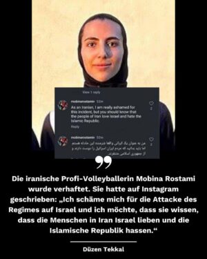 Klaas Heufer-Umlauf Instagram - Während Israel in den frühen Morgenstunden zum Gegenschlag ausgeholt haben soll gegen den Iran, wird parallel massiv gegen die Frauen vorgegangen seitens der Sittenpolizei der islamischen Republik.

Das Mullah Regime führt nach Außen einen Krieg gegen Israel und den Westen, nach Innen gegen alle, die sein klerikal-autokratisches Gender-Apartheid-Regime ablehnen – allen voran einen Krieg gegen die Frauen.

Gestern Morgen wurde die iranische Profi-Volleyballerin Mobina Rostami verhaftet. Sie hatte auf Instagram geschrieben: „Ich schäme mich für die Attacke des Regimes auf Israel und ich möchte, dass sie wissen, dass die Menschen in Iran Israel lieben und die Islamische Republik hassen.“

Nicht der Iran führt Krieg gegen Israel: Es ist die Islamische Republik, die Krieg führt. Die überwältigende Mehrheit der iranischen Zivilgesellschaft hat erkannt, dass das Regime Feinde im Außen braucht, um sich zu legitimieren. 
 
Die Menschen lassen sich nicht länger vor den Karren spannen. Lasst uns ihre SchallverstärkerInnen sein, ihre Gesichter zeigen und ihre Geschichten erzählen!