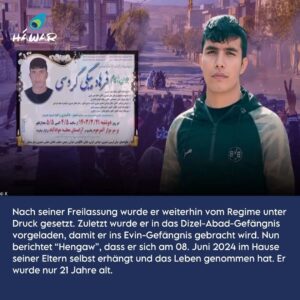 Klaas Heufer-Umlauf Instagram - CW: Suizid

Wir sind in Schock und trauern um den 21-jährigen Farhad Beigi Garousi, der im Zuge der "Frau, Leben, Freiheit"-Proteste im November 2022 festgenommen und schwer gefoltert wurde. Nach seiner Freilassung übte das Regime weiterhin hohen Druck auf ihn auf. Nun haben wir erfahren, dass er sich am Samstag das Leben nahm und sich selbst erhängte. 

Für seinen Tod ist die Islamische Republik Iran verantwortlich. Die Machthaber müssen dafür zur Verantwortung gezogen werden!

Wir sind in Gedanken bei den Angehörigen von Farhad. Unsere Gedanken sind auch bei Reza Rasaei, der noch immer inhaftiert ist und dem nach wie vor die Hinrichtung droht. 

#Iran #FarhadBeigiGarousi