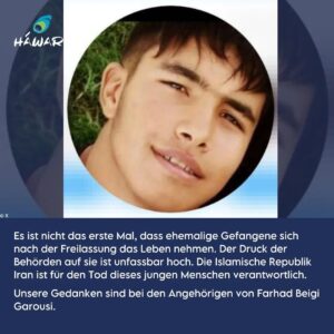 Klaas Heufer-Umlauf Instagram - CW: Suizid

Wir sind in Schock und trauern um den 21-jährigen Farhad Beigi Garousi, der im Zuge der "Frau, Leben, Freiheit"-Proteste im November 2022 festgenommen und schwer gefoltert wurde. Nach seiner Freilassung übte das Regime weiterhin hohen Druck auf ihn auf. Nun haben wir erfahren, dass er sich am Samstag das Leben nahm und sich selbst erhängte. 

Für seinen Tod ist die Islamische Republik Iran verantwortlich. Die Machthaber müssen dafür zur Verantwortung gezogen werden!

Wir sind in Gedanken bei den Angehörigen von Farhad. Unsere Gedanken sind auch bei Reza Rasaei, der noch immer inhaftiert ist und dem nach wie vor die Hinrichtung droht. 

#Iran #FarhadBeigiGarousi