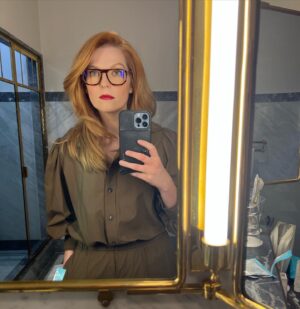 Krysty Wilson-Cairns Instagram - I don’t usually like mirror selfie but between the great lighting at @thechelseahotel and the head to toe @ganni styled by @holly_macnaghten and the hair by @_marcosantini1 & make up by @gpcbeauty I felt like it would be rude not to stand in front of the mirror for 10 minutes trying to take a single viable photograph. Indulge me please when I’m not on a press tour for a film (#TheGoodNurse in theatres October 19th) and being styled and fixed up I am basically a big ginger bridge troll. #netflix #thegoodnurse #thehotelchelsea