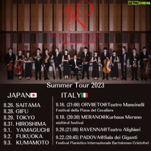 Kyohei Sorita Instagram - Japan National Orchestra Tour 2023 in Italy 🇮🇹 
Ci vediamo in sede!! 

JNO初のイタリアの音楽祭ツアーへ行ってきます！

September 
・16.09(20:30~) in Orvieto “Festival della Piana del Cavaliere” @ Teatro Muncinelli
・18.09(20:30~) in Merano “südtirol festival merano.meran” @ Kurhaus Merano
・20.09(21:00~) in Ravenna @ Teatro Alighieri
・22.09(20:45~) in Padova “Festival Pianistico Internazionale Bartolomeo Cristofori”@ Sala dei Giganti

Conductor & Pianist / Kyohei Sorita
*Trumpet / Xiang Guo
Orchestra / Japan National Orchestra 

—Program—
Tchaikovsky: Serenade for Strings Op.48
A.Pärt: Fratres
Shostakovich: Piano Concerto No.1 *

#japannationalorchestra #kyoheisorita
