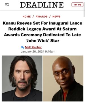 Lance Reddick Instagram - What a special way to celebrate Lance’s memory. - Stephanie Reddick

“Saturn producers Bradley and Kevin Marcus joined Robert Holguin, President of award show presenter The Academy of Science Fiction, Fantasy, and Horror Films, in explaining that the new award in Reddick’s name “symbolizes and celebrates not only a performer’s talent, but their character; someone who’s a true goodwill ambassador in the industry.”