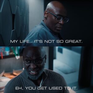 Lance Reddick Instagram - Happy Friday! 

Repost from @residentevilnetflix
•
Bert, always looking on the bright side.