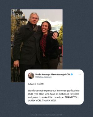 Larissa Waters Instagram - Julian Assange is coming home.

After 1901 days, Julian has finally been released from Belmarsh prison.

Our thoughts are with Stella, his children, and all his family and loved ones desperate to see him. 

While great news, a decade of Julian’s life was taken by US overreach. 

Journalism is not a crime. 

Pursuing Assange was anti-democratic, anti-press freedom, and the charges should have been dropped.

To the millions of people around the world who campaigned to #FreeAssange thank you.

Credit: Wikileaks