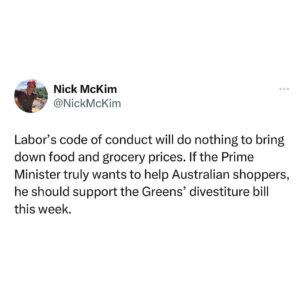 Larissa Waters Instagram - Labor needs to decide whether to protect the profits of supermarket giants or provide relief to Australian shoppers.

The Greens will continue to push for measures that foster competition and lower prices.