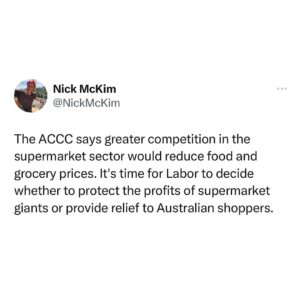 Larissa Waters Instagram - Labor needs to decide whether to protect the profits of supermarket giants or provide relief to Australian shoppers.

The Greens will continue to push for measures that foster competition and lower prices.