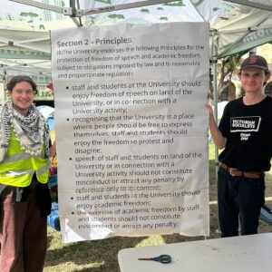 Larissa Waters Instagram - I was so pleased to get out to UQ today to support @students4palestine_uq who are continuing their protest encampment. The Greens will always support the right to protest peacefully, and we are in solidarity with the staff and students protesting for justice for Palestine at UQ and uni campuses across the country.

Instead of trying to crush legitimate, peaceful protests and ban phrases, universities should be listening to the concerns and divestment demands of their students!